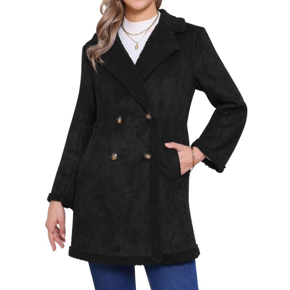 Women's Double Breast Lapel Coat with Pockets Faux Suede Teddy Jacket Black